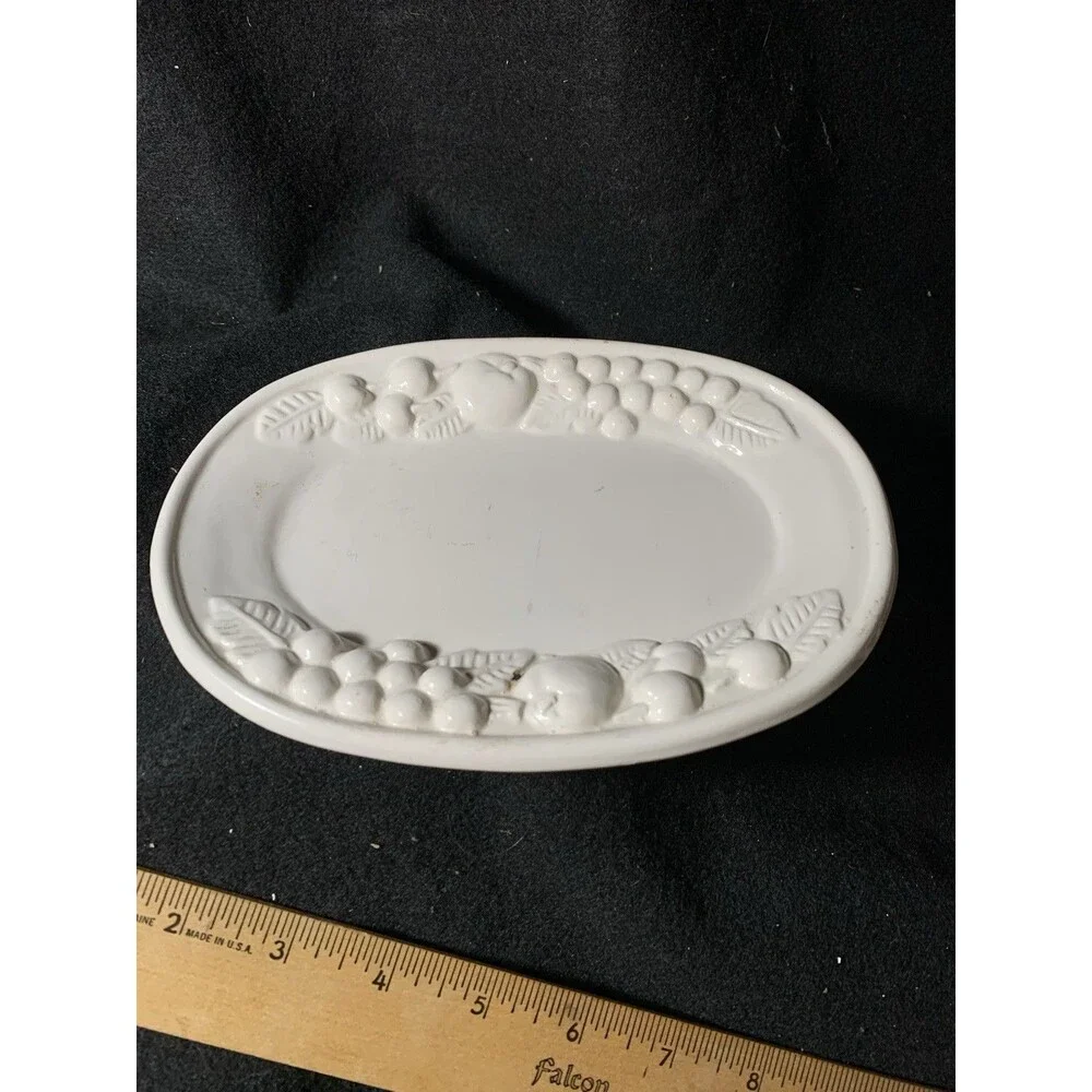 Vintage Patterned Bountiful Fruit 8.75 In White Oval Serving Platter Butter Dish
